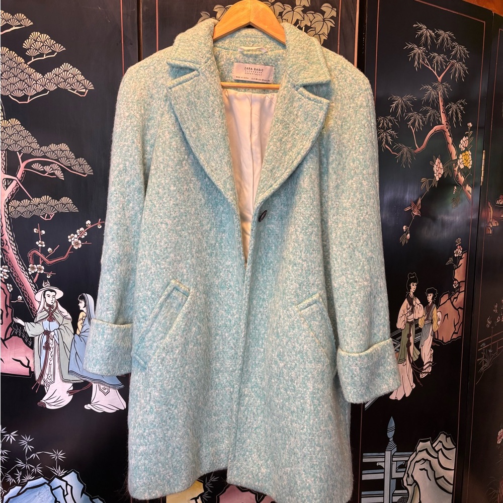 Zara Blue / Green Teddy Jacket with Plush Texture and Flared Design